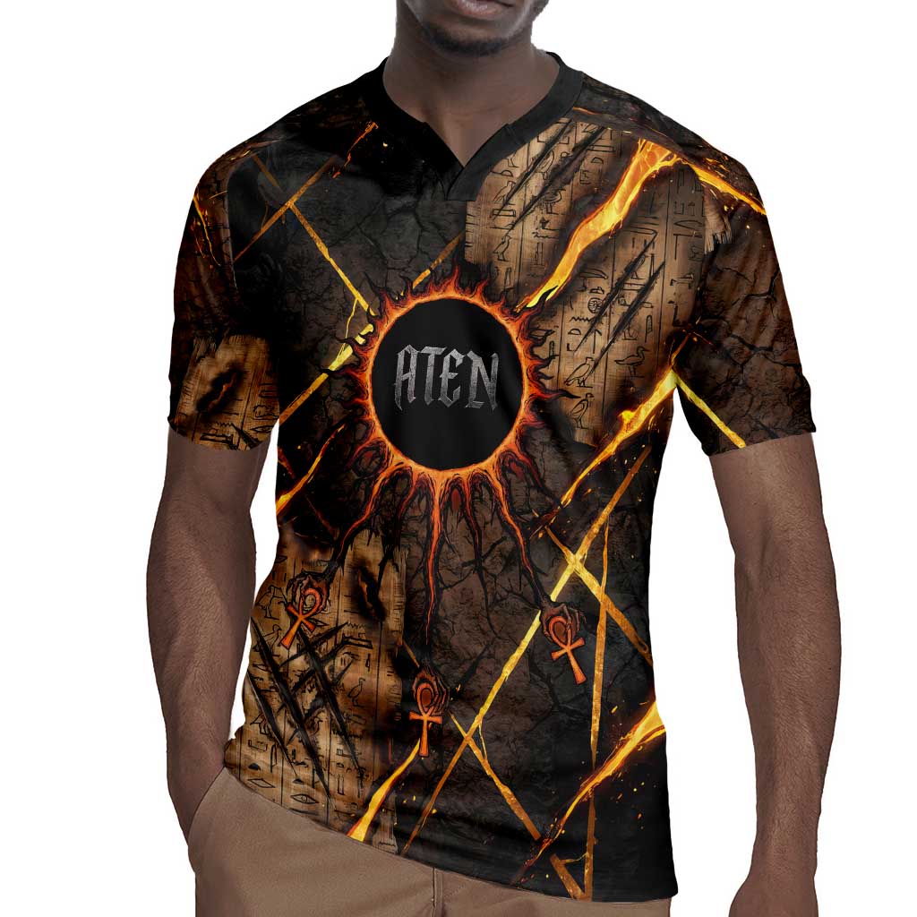 Aten Rugby Jersey Ancient Egyptian Cracked Stone Hieroglyph, Solar Eclipse Emblem, and Radiant Sunburst - African Pride