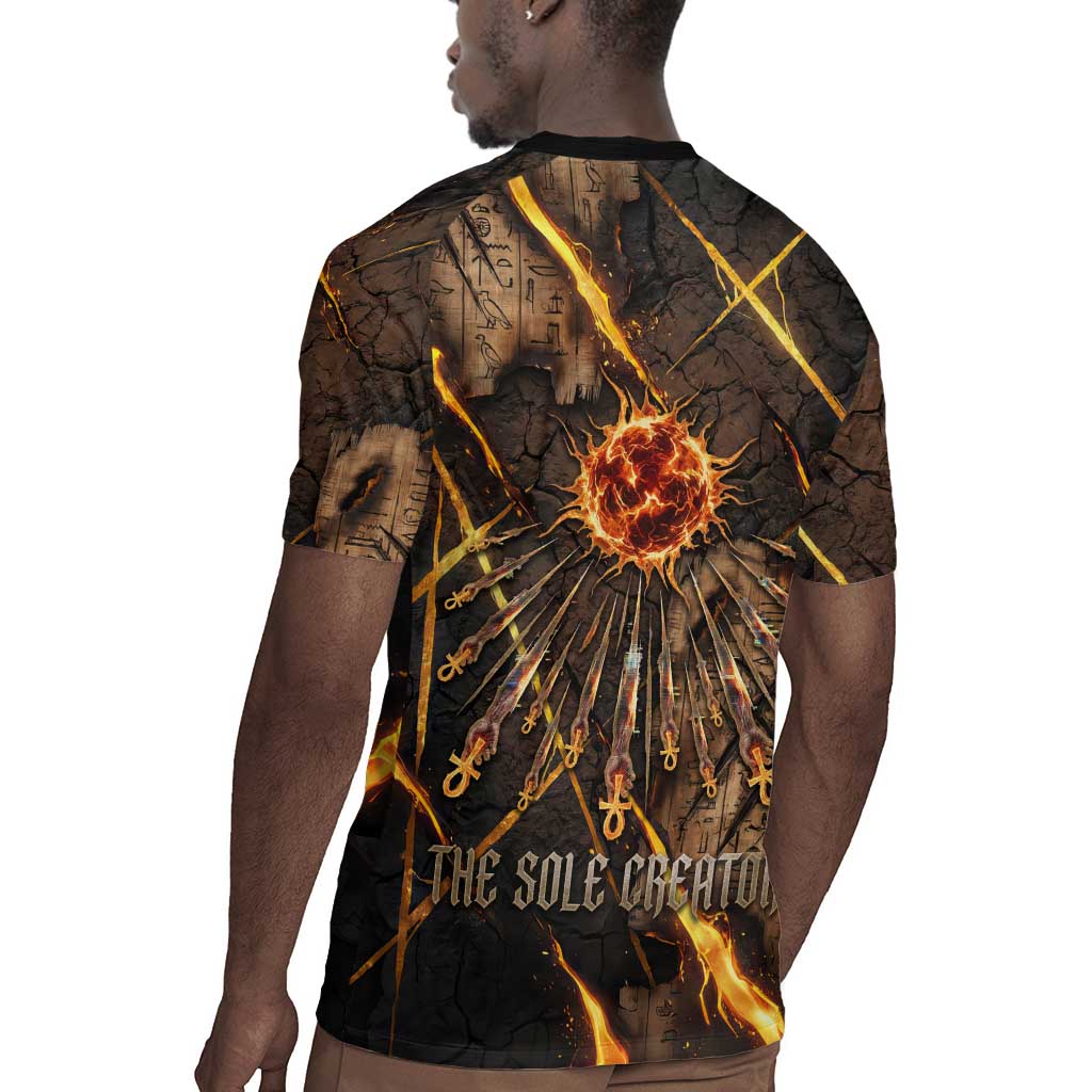 Aten Rugby Jersey Ancient Egyptian Cracked Stone Hieroglyph, Solar Eclipse Emblem, and Radiant Sunburst - African Pride