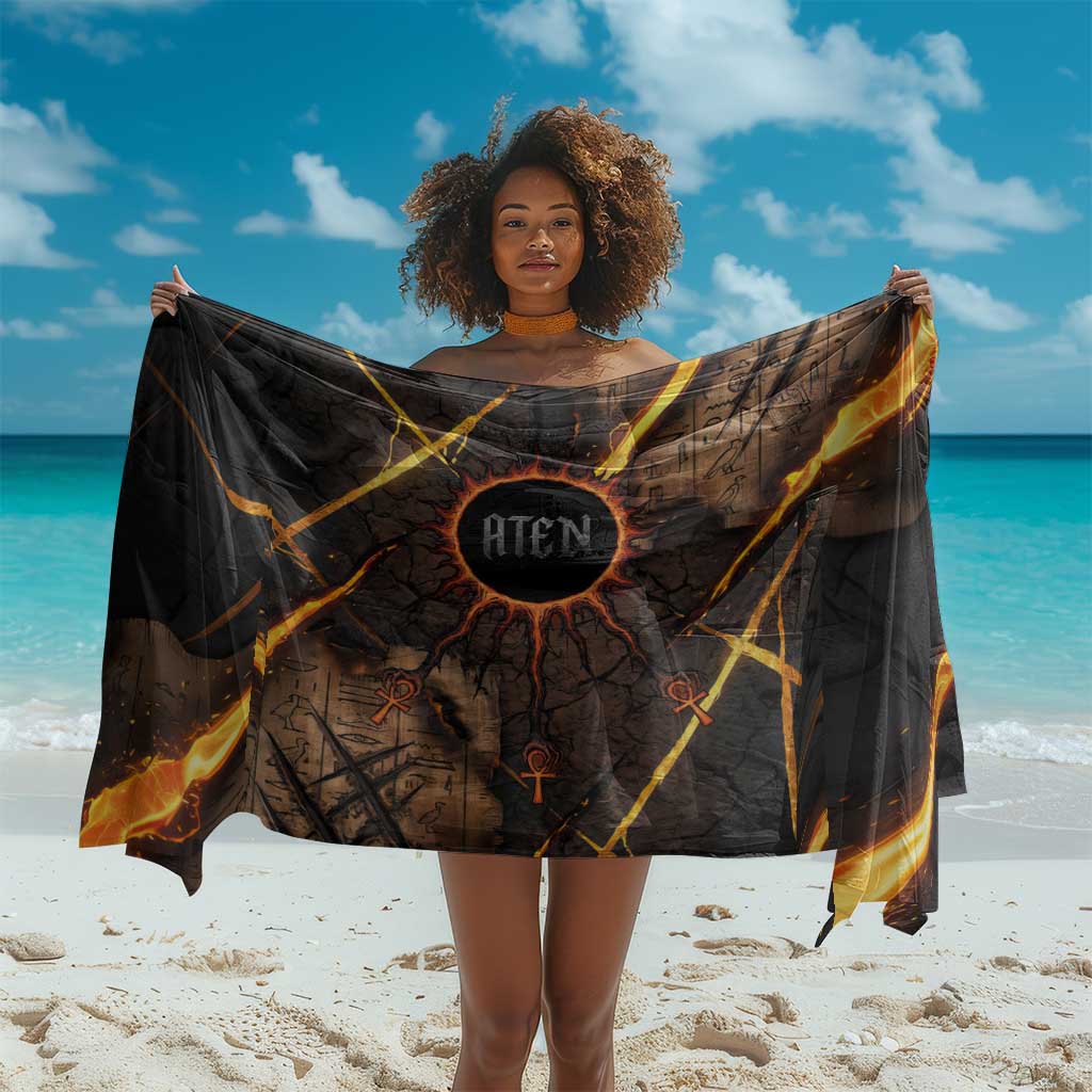 Aten Sarong Ancient Egyptian Cracked Stone Hieroglyph, Solar Eclipse Emblem, and Radiant Sunburst - African Pride