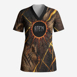 Aten Scrub Top Ancient Egyptian Cracked Stone Hieroglyph, Solar Eclipse Emblem, and Radiant Sunburst - African Pride