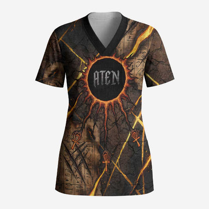 Aten Scrub Top Ancient Egyptian Cracked Stone Hieroglyph, Solar Eclipse Emblem, and Radiant Sunburst - African Pride