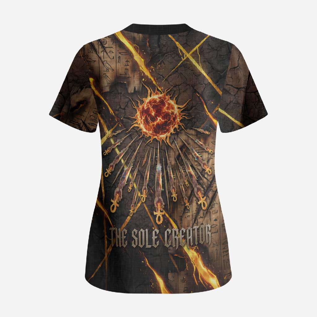 Aten Scrub Top Ancient Egyptian Cracked Stone Hieroglyph, Solar Eclipse Emblem, and Radiant Sunburst - African Pride