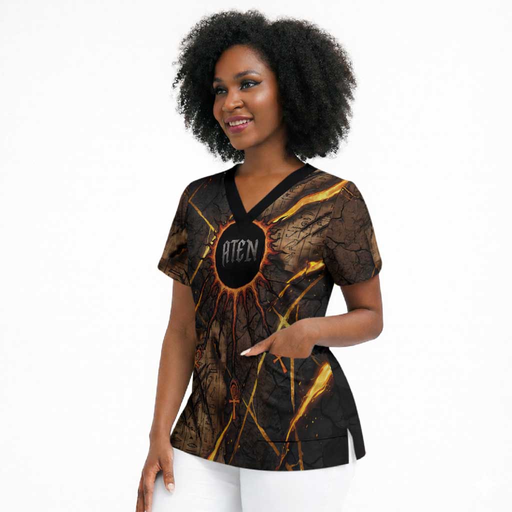 Aten Scrub Top Ancient Egyptian Cracked Stone Hieroglyph, Solar Eclipse Emblem, and Radiant Sunburst - African Pride