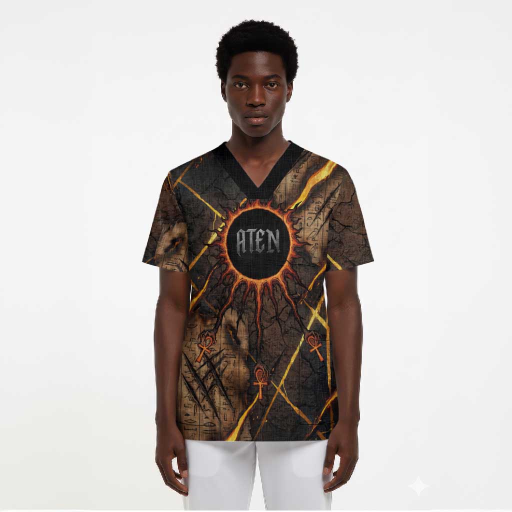 Aten Scrub Top Ancient Egyptian Cracked Stone Hieroglyph, Solar Eclipse Emblem, and Radiant Sunburst - African Pride