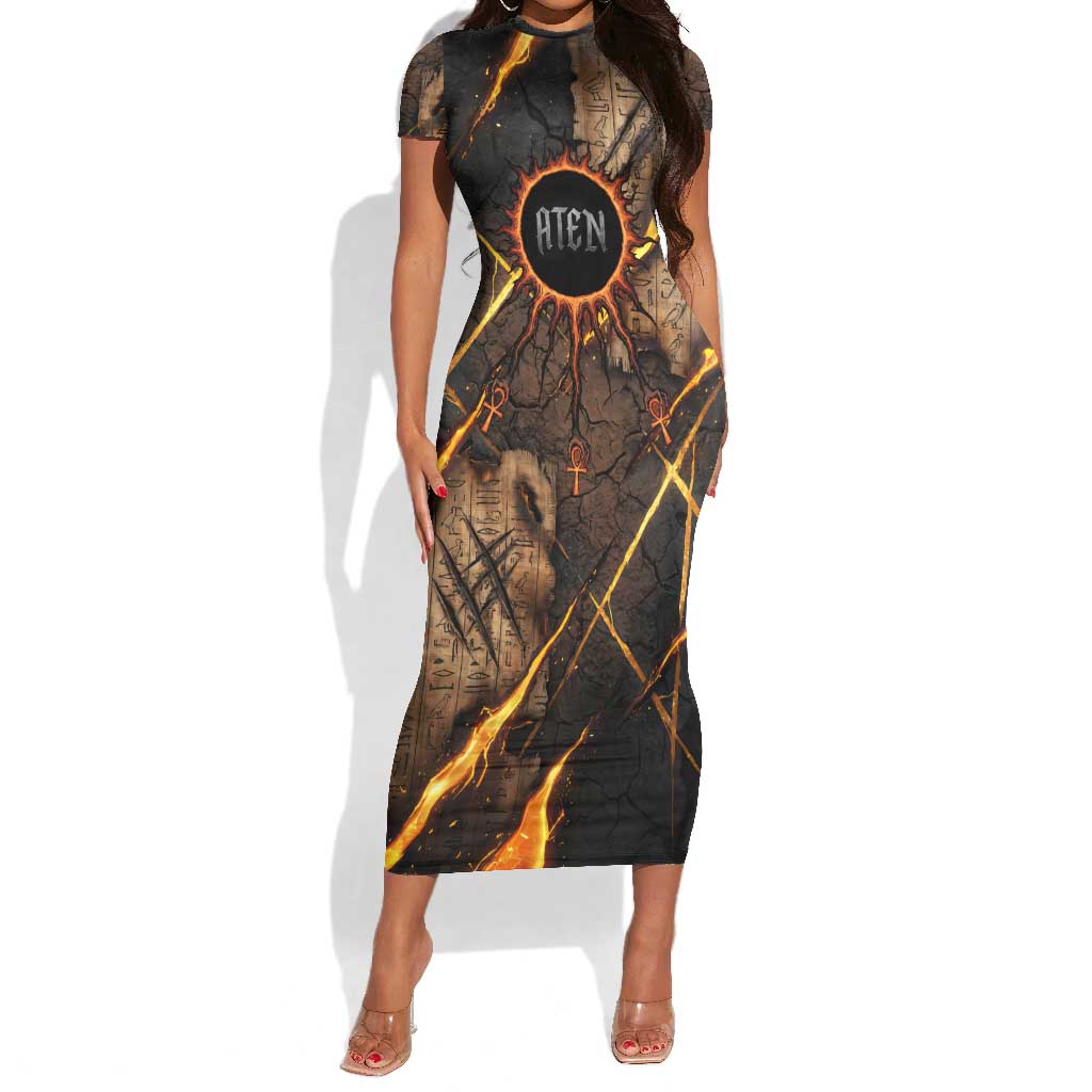 Aten Short Sleeve Bodycon Dress Ancient Egyptian Cracked Stone Hieroglyph, Solar Eclipse Emblem, and Radiant Sunburst - African Pride