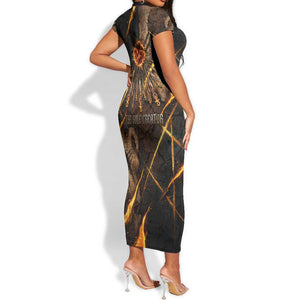Aten Short Sleeve Bodycon Dress Ancient Egyptian Cracked Stone Hieroglyph, Solar Eclipse Emblem, and Radiant Sunburst - African Pride