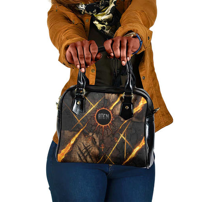 Aten Shoulder Handbag Ancient Egyptian Cracked Stone Hieroglyph, Solar Eclipse Emblem, and Radiant Sunburst - African Pride