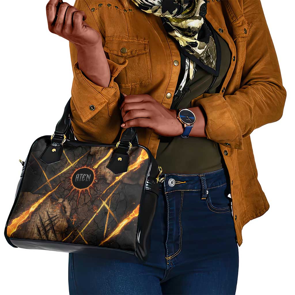 Aten Shoulder Handbag Ancient Egyptian Cracked Stone Hieroglyph, Solar Eclipse Emblem, and Radiant Sunburst - African Pride