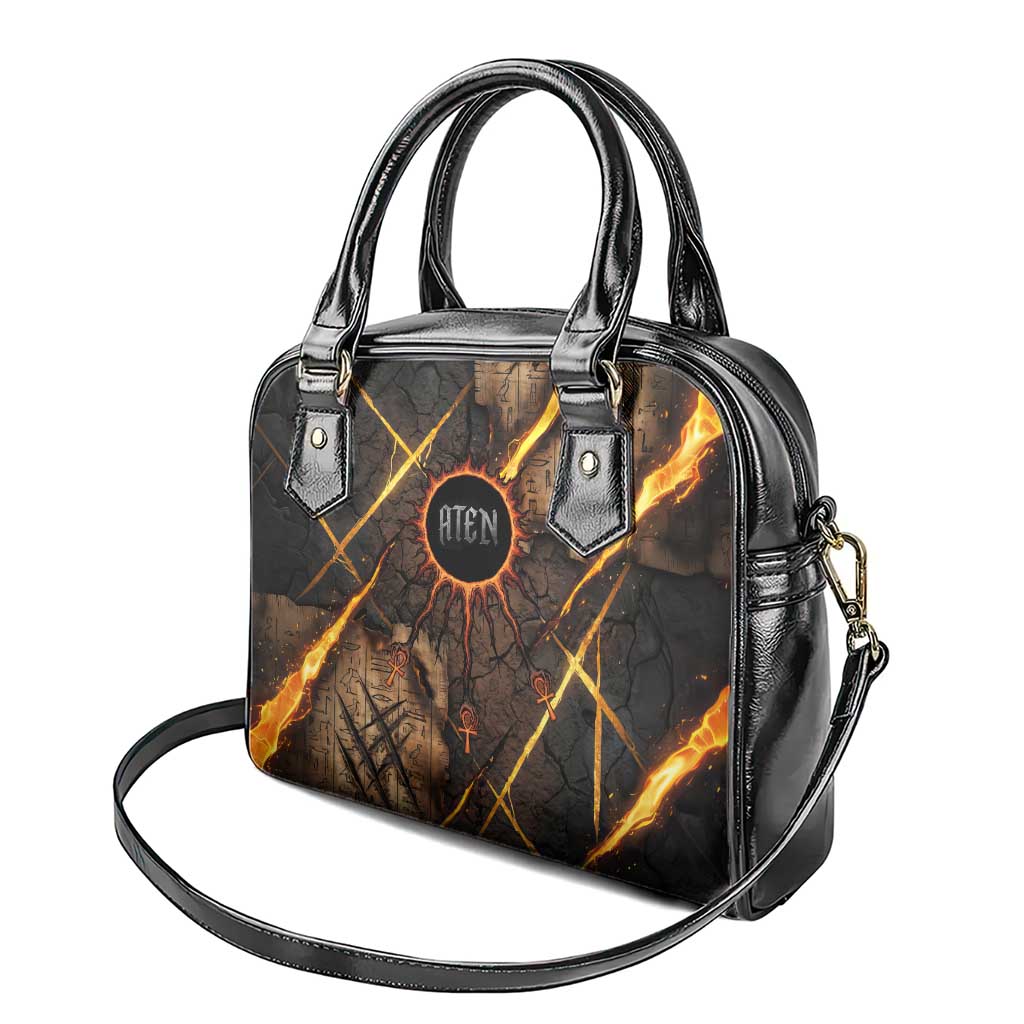 Aten Shoulder Handbag Ancient Egyptian Cracked Stone Hieroglyph, Solar Eclipse Emblem, and Radiant Sunburst - African Pride