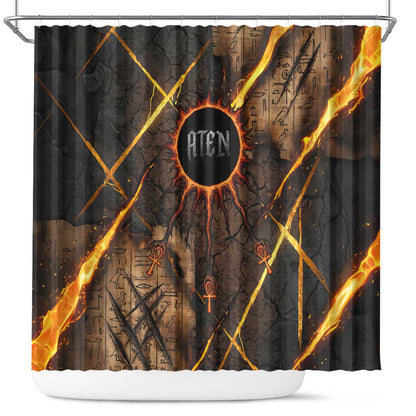 Aten Shower Curtain Ancient Egyptian Cracked Stone Hieroglyph, Solar Eclipse Emblem, and Radiant Sunburst - African Pride