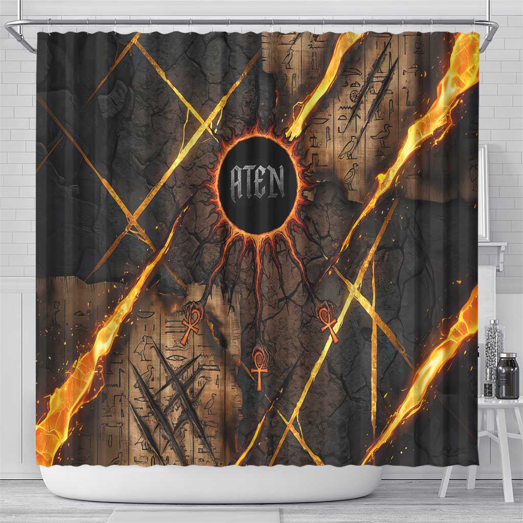 Aten Shower Curtain Ancient Egyptian Cracked Stone Hieroglyph, Solar Eclipse Emblem, and Radiant Sunburst - African Pride