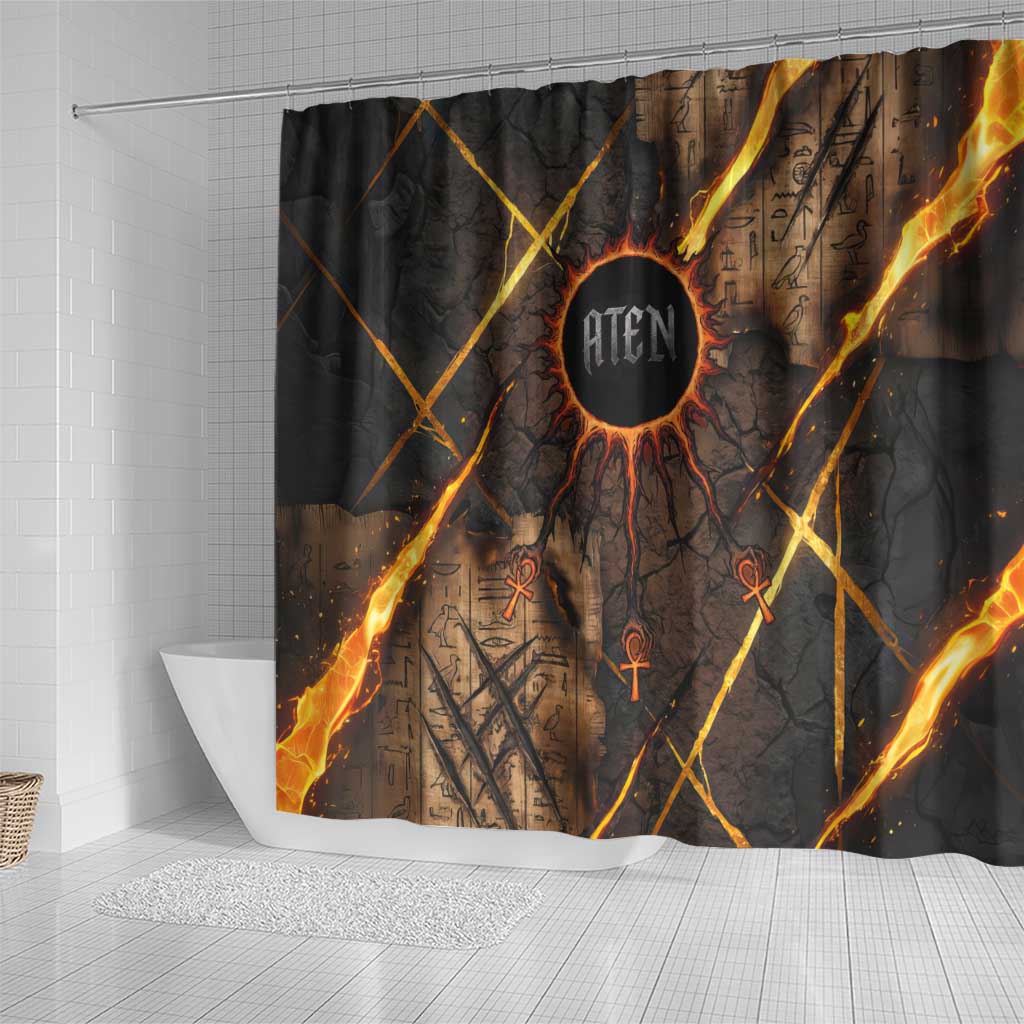 Aten Shower Curtain Ancient Egyptian Cracked Stone Hieroglyph, Solar Eclipse Emblem, and Radiant Sunburst - African Pride