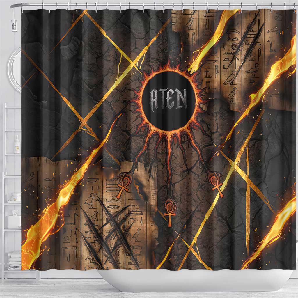 Aten Shower Curtain Ancient Egyptian Cracked Stone Hieroglyph, Solar Eclipse Emblem, and Radiant Sunburst - African Pride