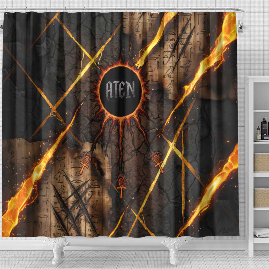 Aten Shower Curtain Ancient Egyptian Cracked Stone Hieroglyph, Solar Eclipse Emblem, and Radiant Sunburst - African Pride