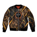 Aten Sleeve Zip Bomber Jacket Ancient Egyptian Cracked Stone Hieroglyph, Solar Eclipse Emblem, and Radiant Sunburst - African Pride