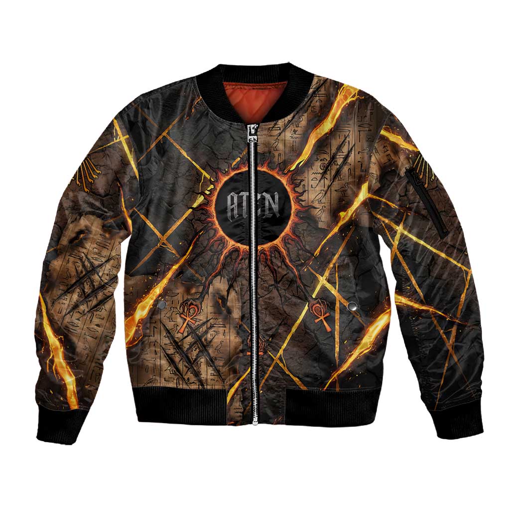 Aten Sleeve Zip Bomber Jacket Ancient Egyptian Cracked Stone Hieroglyph, Solar Eclipse Emblem, and Radiant Sunburst - African Pride