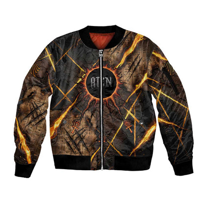 Aten Sleeve Zip Bomber Jacket Ancient Egyptian Cracked Stone Hieroglyph, Solar Eclipse Emblem, and Radiant Sunburst - African Pride