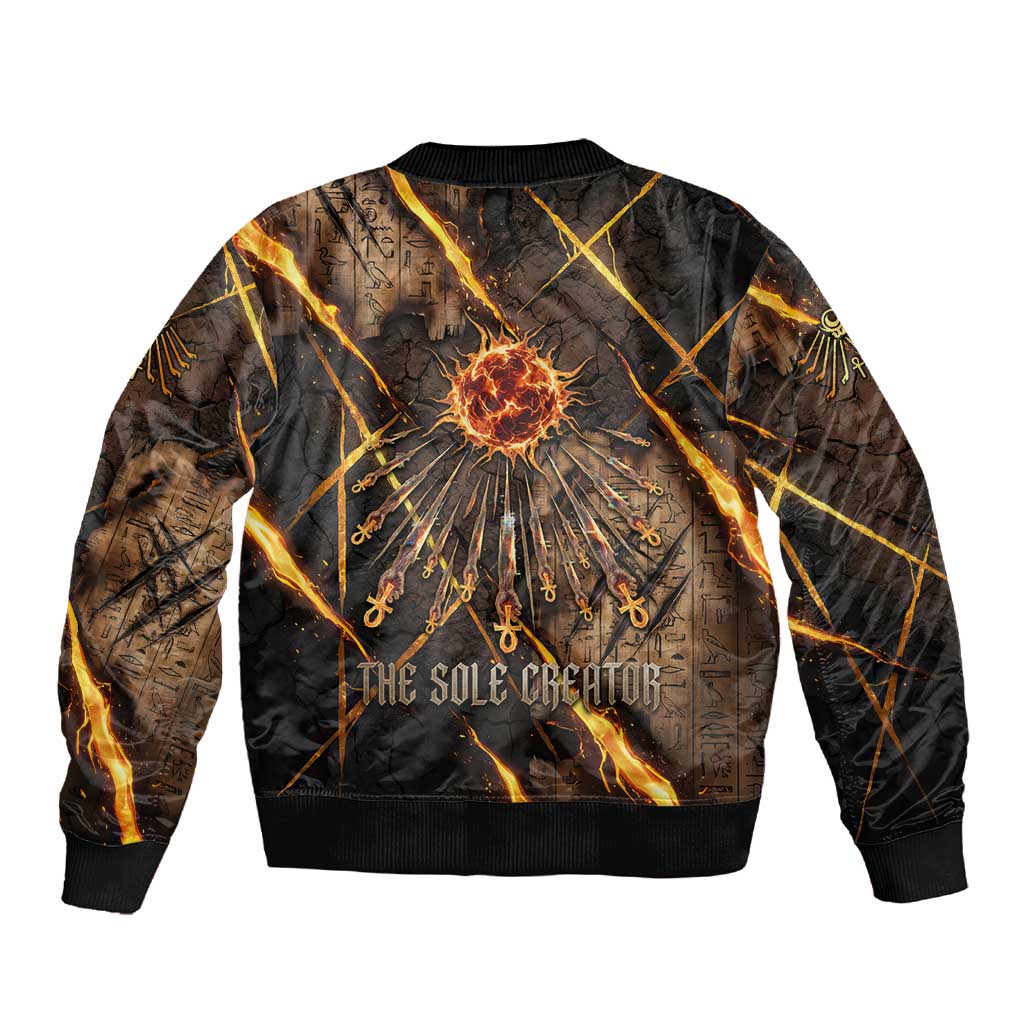 Aten Sleeve Zip Bomber Jacket Ancient Egyptian Cracked Stone Hieroglyph, Solar Eclipse Emblem, and Radiant Sunburst - African Pride
