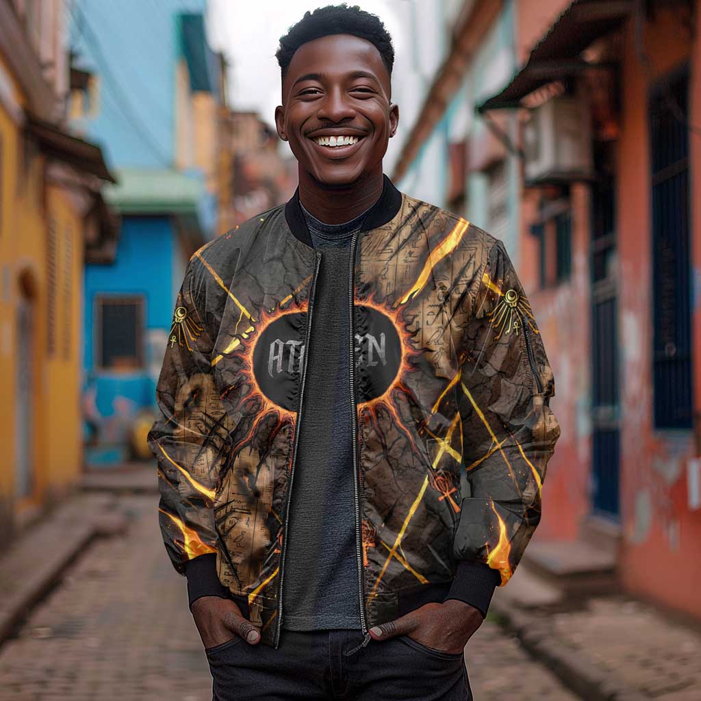 Aten Sleeve Zip Bomber Jacket Ancient Egyptian Cracked Stone Hieroglyph, Solar Eclipse Emblem, and Radiant Sunburst - African Pride