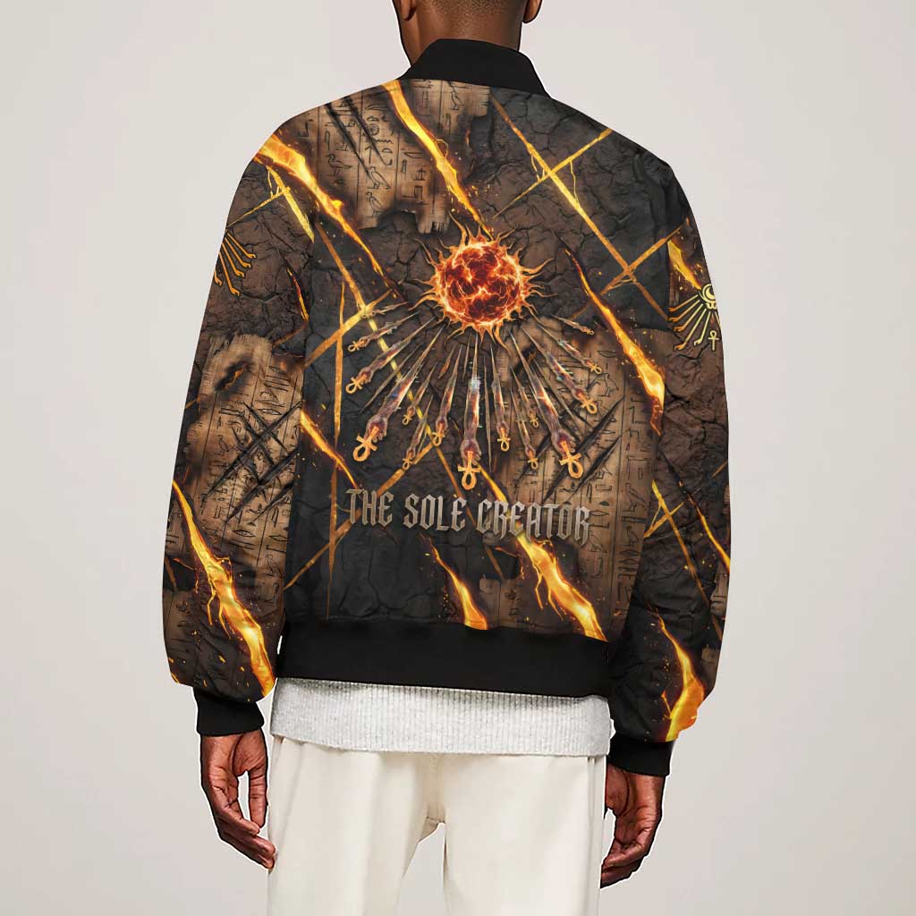 Aten Sleeve Zip Bomber Jacket Ancient Egyptian Cracked Stone Hieroglyph, Solar Eclipse Emblem, and Radiant Sunburst - African Pride