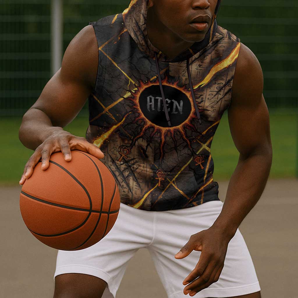 Aten Sleeveless Hoodie Ancient Egyptian Cracked Stone Hieroglyph, Solar Eclipse Emblem, and Radiant Sunburst - African Pride