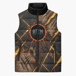 Aten Sleeveless Puffer Jacket Ancient Egyptian Cracked Stone Hieroglyph, Solar Eclipse Emblem, and Radiant Sunburst - African Pride