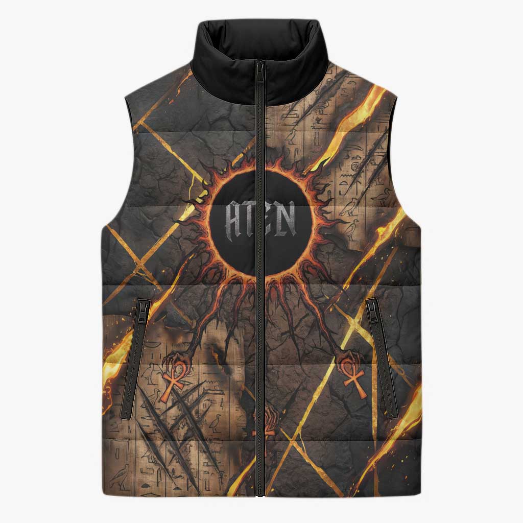 Aten Sleeveless Puffer Jacket Ancient Egyptian Cracked Stone Hieroglyph, Solar Eclipse Emblem, and Radiant Sunburst - African Pride