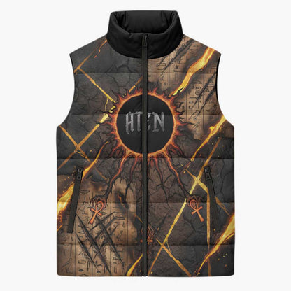 Aten Sleeveless Puffer Jacket Ancient Egyptian Cracked Stone Hieroglyph, Solar Eclipse Emblem, and Radiant Sunburst - African Pride