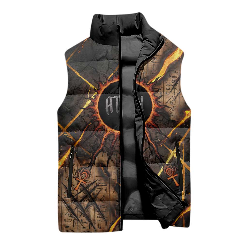 Aten Sleeveless Puffer Jacket Ancient Egyptian Cracked Stone Hieroglyph, Solar Eclipse Emblem, and Radiant Sunburst - African Pride