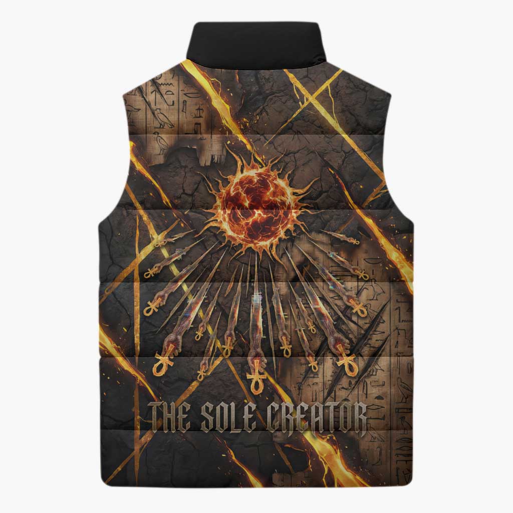 Aten Sleeveless Puffer Jacket Ancient Egyptian Cracked Stone Hieroglyph, Solar Eclipse Emblem, and Radiant Sunburst - African Pride