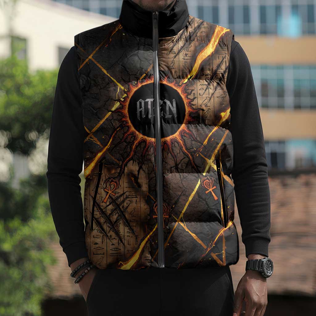 Aten Sleeveless Puffer Jacket Ancient Egyptian Cracked Stone Hieroglyph, Solar Eclipse Emblem, and Radiant Sunburst - African Pride