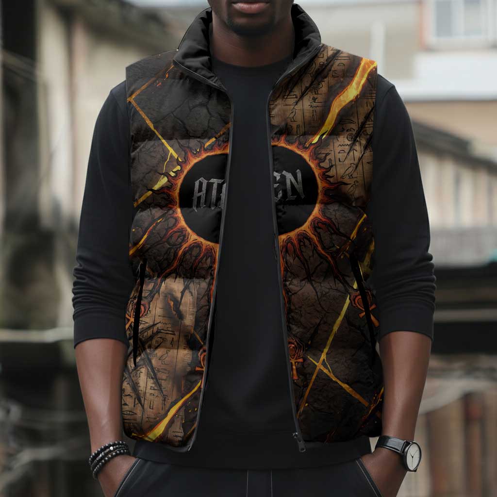 Aten Sleeveless Puffer Jacket Ancient Egyptian Cracked Stone Hieroglyph, Solar Eclipse Emblem, and Radiant Sunburst - African Pride