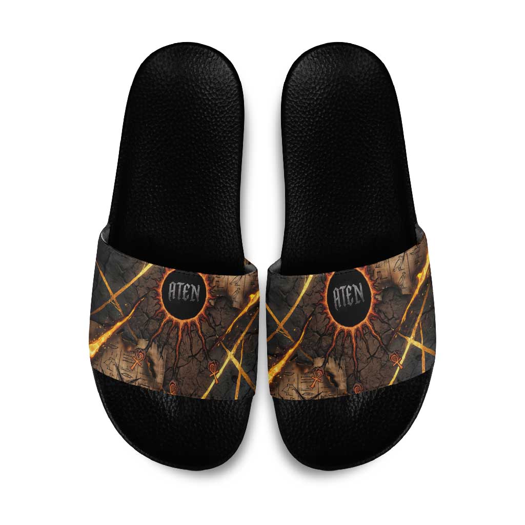 Aten Slide Sandals Ancient Egyptian Cracked Stone Hieroglyph, Solar Eclipse Emblem, and Radiant Sunburst - African Pride