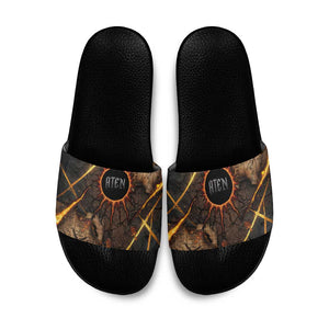 Aten Slide Sandals Ancient Egyptian Cracked Stone Hieroglyph, Solar Eclipse Emblem, and Radiant Sunburst - African Pride