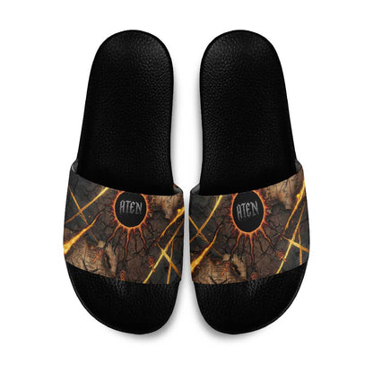 Aten Slide Sandals Ancient Egyptian Cracked Stone Hieroglyph, Solar Eclipse Emblem, and Radiant Sunburst - African Pride