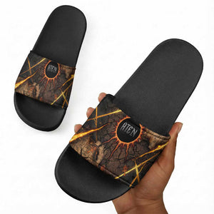 Aten Slide Sandals Ancient Egyptian Cracked Stone Hieroglyph, Solar Eclipse Emblem, and Radiant Sunburst - African Pride