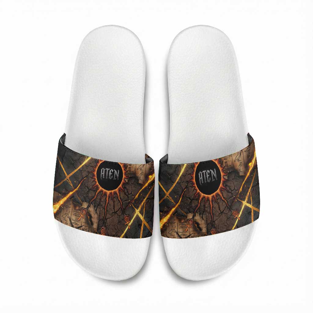 Aten Slide Sandals Ancient Egyptian Cracked Stone Hieroglyph, Solar Eclipse Emblem, and Radiant Sunburst - African Pride