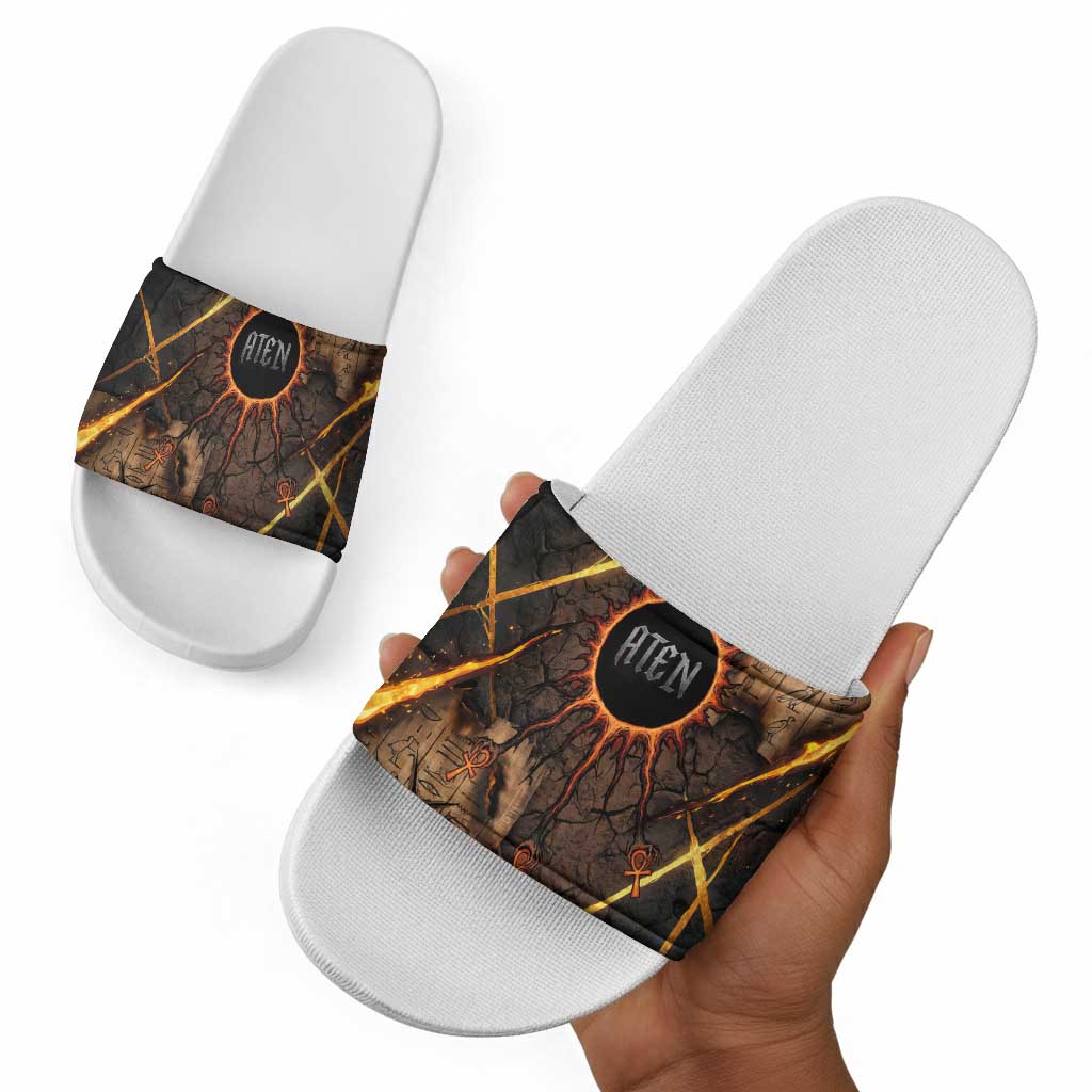 Aten Slide Sandals Ancient Egyptian Cracked Stone Hieroglyph, Solar Eclipse Emblem, and Radiant Sunburst - African Pride