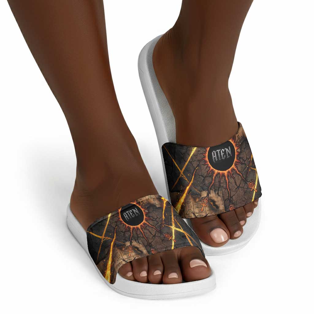 Aten Slide Sandals Ancient Egyptian Cracked Stone Hieroglyph, Solar Eclipse Emblem, and Radiant Sunburst - African Pride