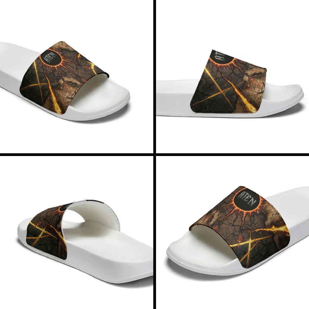 Aten Slide Sandals Ancient Egyptian Cracked Stone Hieroglyph, Solar Eclipse Emblem, and Radiant Sunburst - African Pride