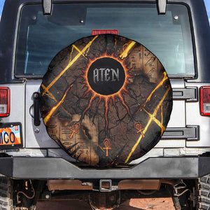 Aten Spare Tire Cover Ancient Egyptian Cracked Stone Hieroglyph, Solar Eclipse Emblem, and Radiant Sunburst - African Pride