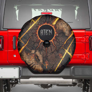 Aten Spare Tire Cover Ancient Egyptian Cracked Stone Hieroglyph, Solar Eclipse Emblem, and Radiant Sunburst - African Pride