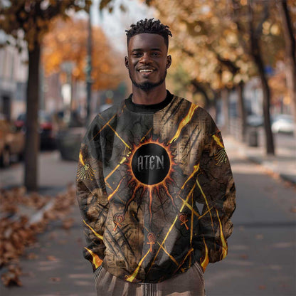Aten Sweatshirt Ancient Egyptian Cracked Stone Hieroglyph, Solar Eclipse Emblem, and Radiant Sunburst - African Pride