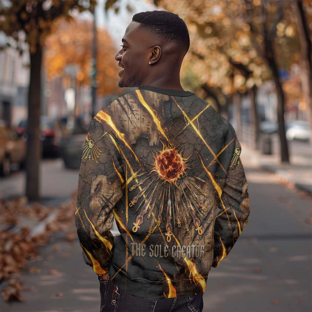 Aten Sweatshirt Ancient Egyptian Cracked Stone Hieroglyph, Solar Eclipse Emblem, and Radiant Sunburst - African Pride