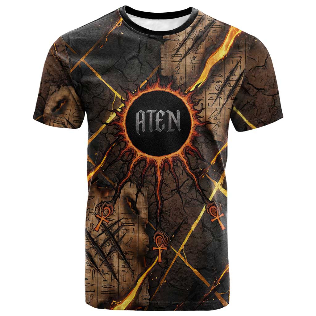 Aten T shirt Ancient Egyptian Cracked Stone Hieroglyph, Solar Eclipse Emblem, and Radiant Sunburst - African Pride