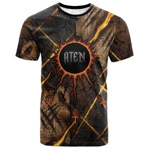 Aten T shirt Ancient Egyptian Cracked Stone Hieroglyph, Solar Eclipse Emblem, and Radiant Sunburst - African Pride