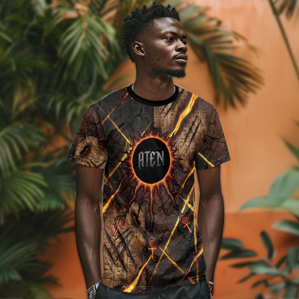 Aten T shirt Ancient Egyptian Cracked Stone Hieroglyph, Solar Eclipse Emblem, and Radiant Sunburst - African Pride