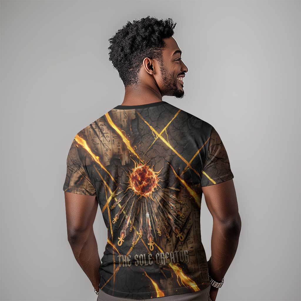 Aten T shirt Ancient Egyptian Cracked Stone Hieroglyph, Solar Eclipse Emblem, and Radiant Sunburst - African Pride