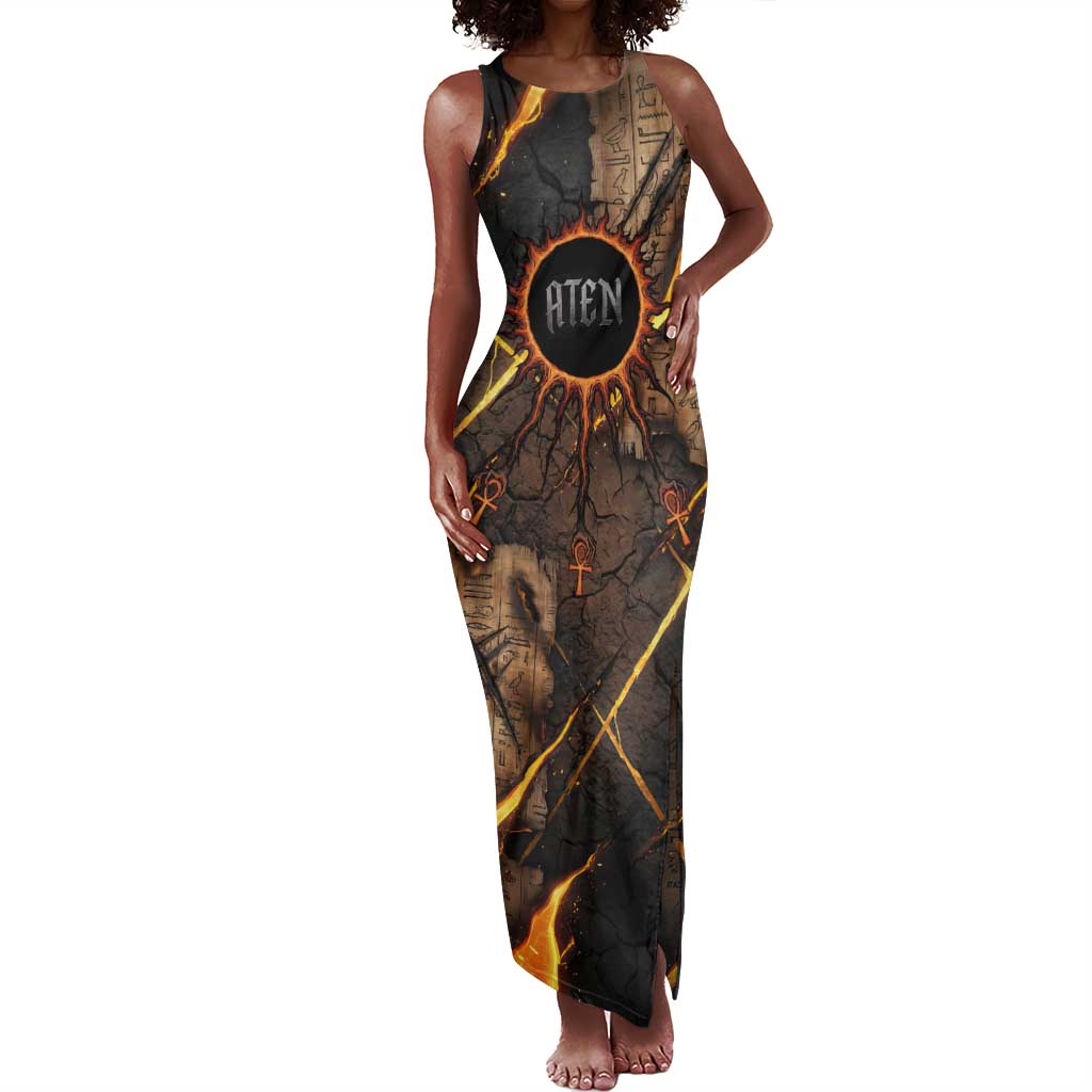 Aten Tank Maxi Dress Ancient Egyptian Cracked Stone Hieroglyph, Solar Eclipse Emblem, and Radiant Sunburst - African Pride