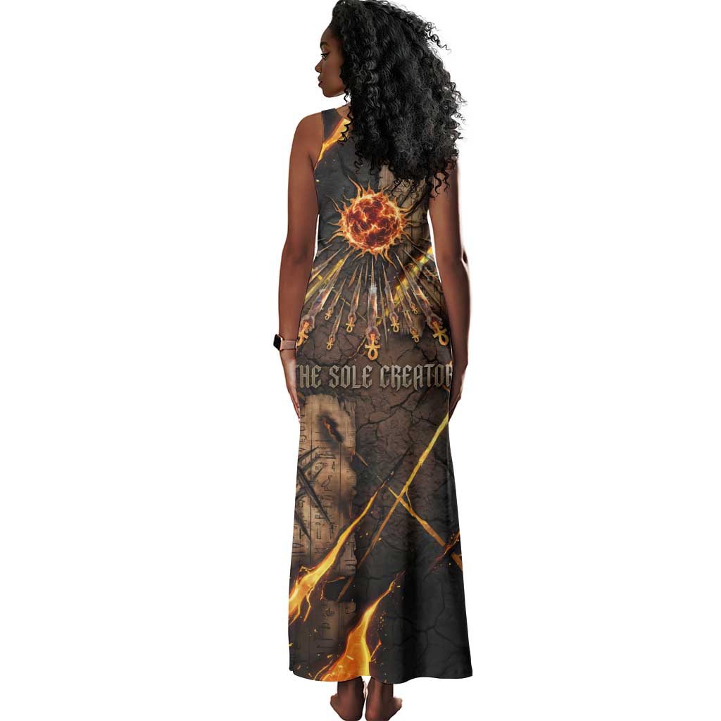Aten Tank Maxi Dress Ancient Egyptian Cracked Stone Hieroglyph, Solar Eclipse Emblem, and Radiant Sunburst - African Pride
